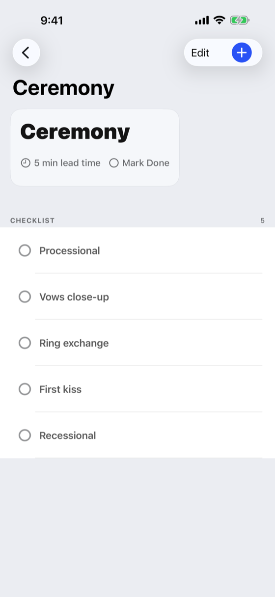 A single cue named Ceremony, with a five minute lead time and a Mark Done control, above a five-item checklist: Processional, Vows close-up, Ring exchange, First kiss, Recessional.