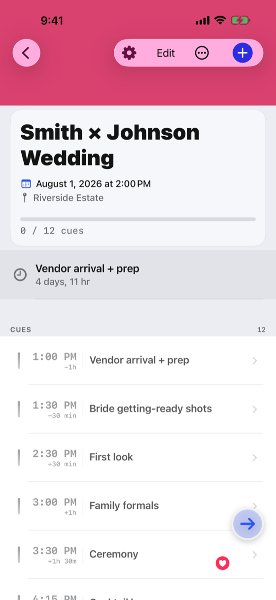 The same event screen with Wedding Mode switched on: the navigation bar is a rose gradient and a heart badge marks the Ceremony cue.